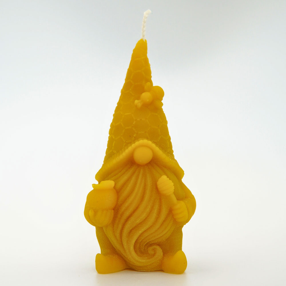 Handmade honey gnome beeswax candle by Buzzy Honey Bee, Nottingham