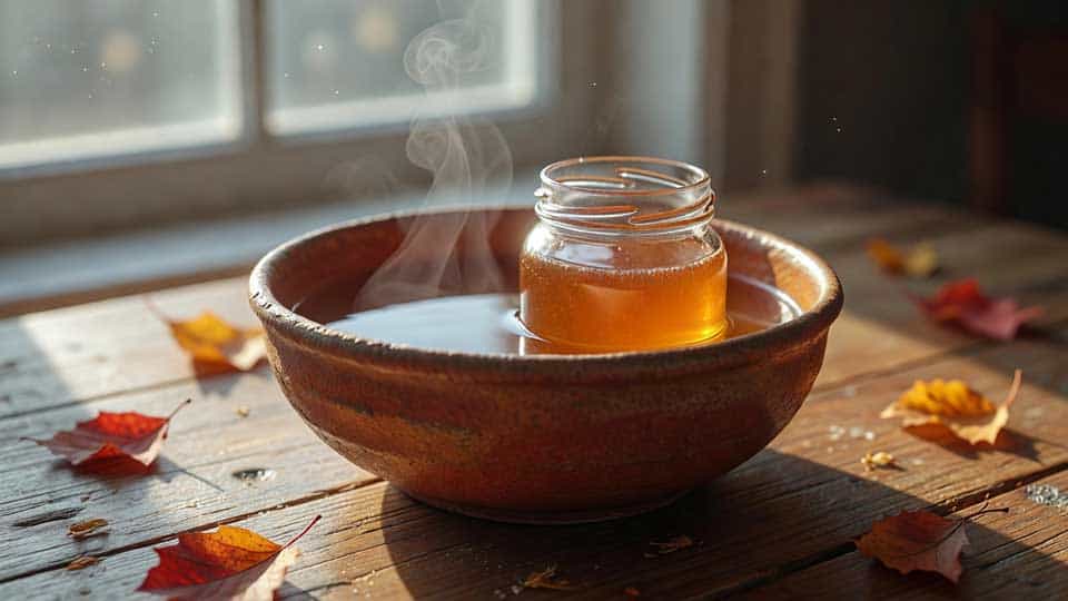 How to decrystallize honey safely – glass jar of raw honey in a warm water bath under 40 °C
