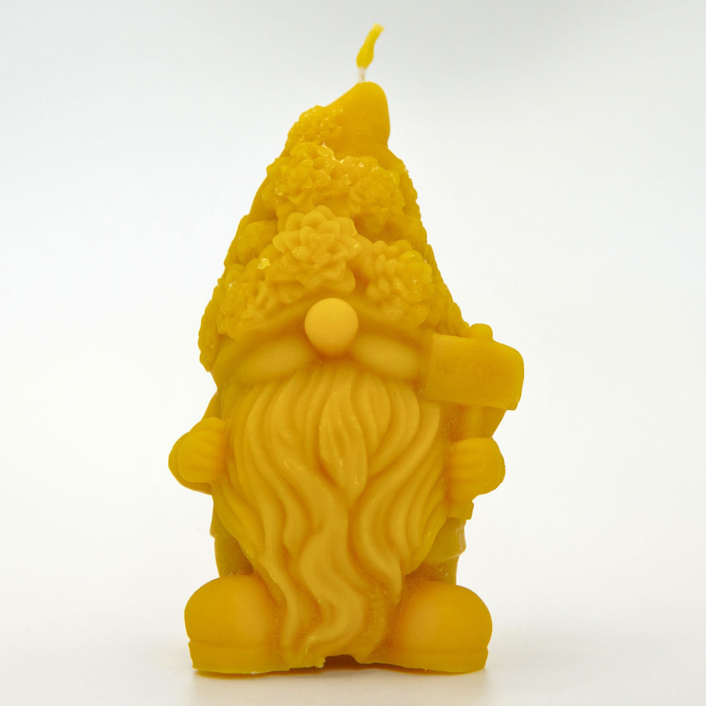 Handmade flower gnome beeswax candle by Buzzy Honey Bee, Nottingham