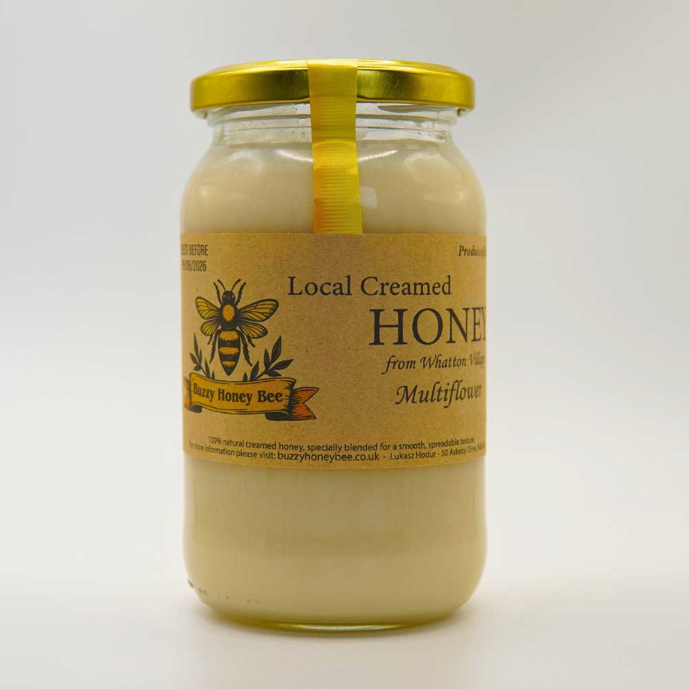 Jar of local creamed honey by Buzzy Honey Bee, Whatton Village, Nottinghamshire