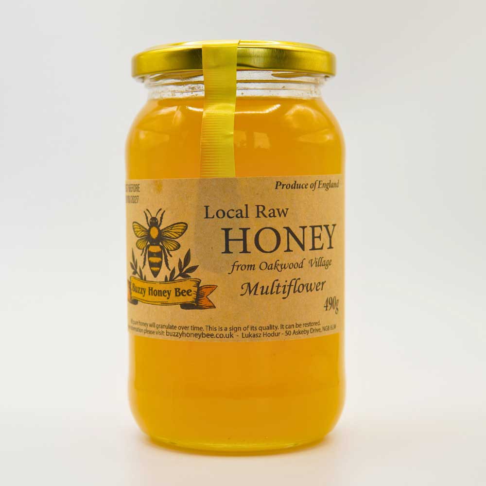Jar of local raw multiflower honey by Buzzy Honey Bee, Nottingham