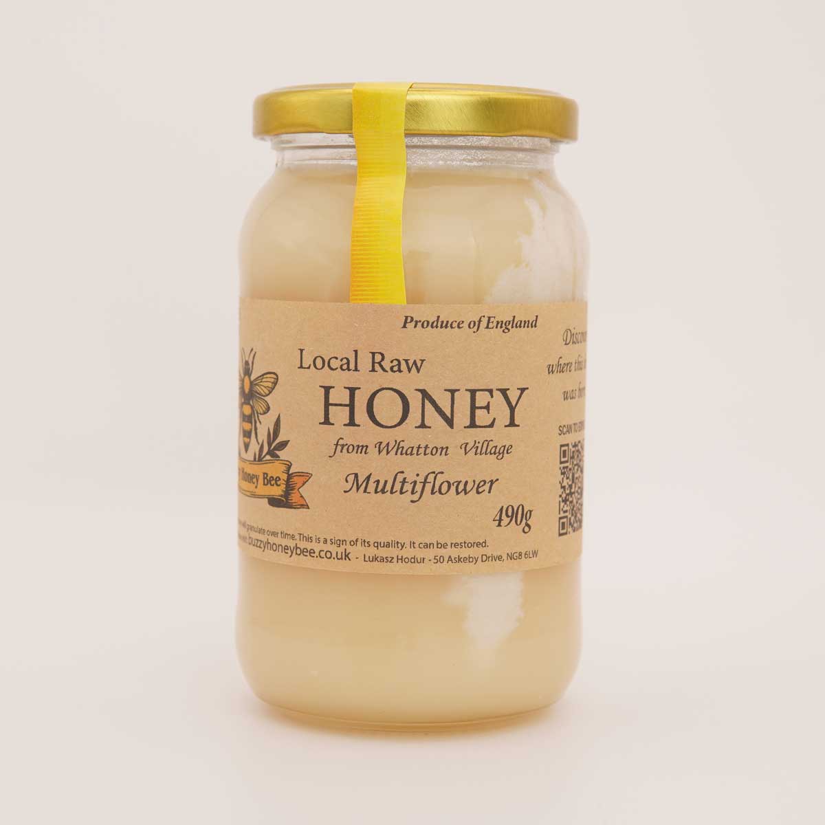 Raw multiflower set honey from Whatton Village in a 490g glass jar with gold lid and kraft label