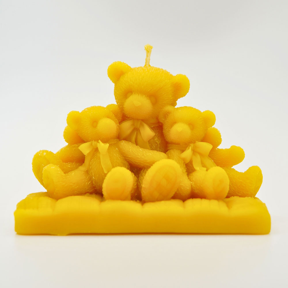 Handmade teddy bears family beeswax candle by Buzzy Honey Bee, Nottingham