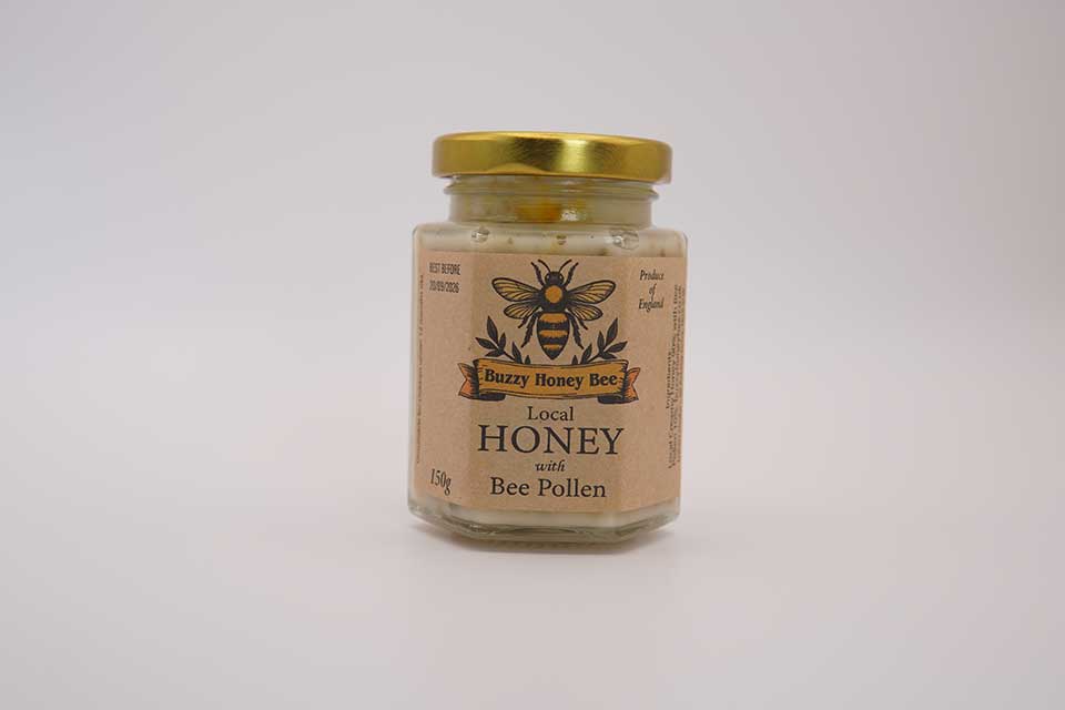 Honey for hay fever – Buzzy Honey Bee Local Honey with Bee Pollen 150g jar