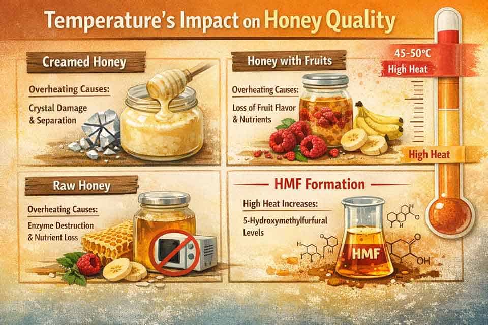 Infographic showing temperature’s impact on honey quality, including creamed honey, fruit-infused honey, raw honey, and increased HMF formation when honey is heated above 60 °C.