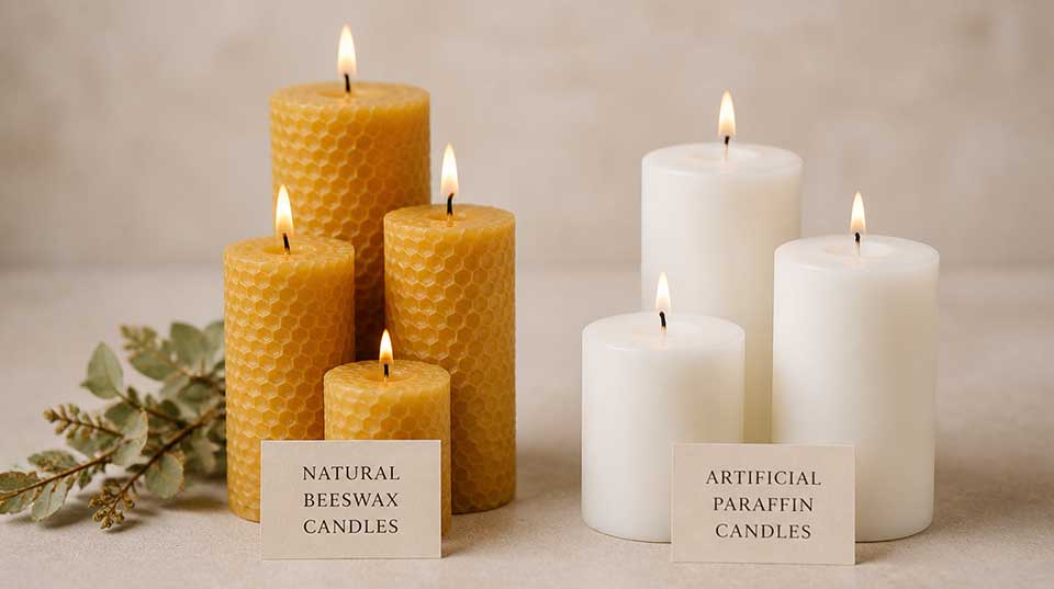 Side-by-side comparison of natural beeswax candles with honeycomb texture versus artificial paraffin candles – beeswax vs paraffin candles visual guide