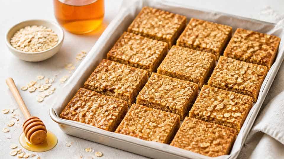 Honey flapjacks recipe with local raw honey – golden chewy oat squares in a baking tray with jar of honey and oats