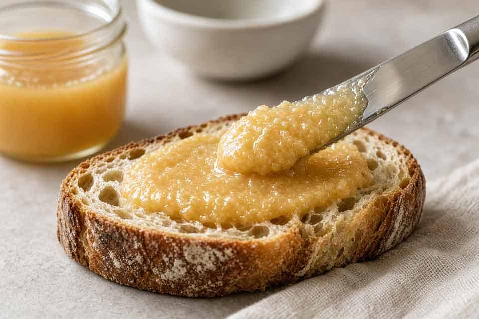 How to stop set honey getting too hard – creamy set honey spreading easily on rustic bread