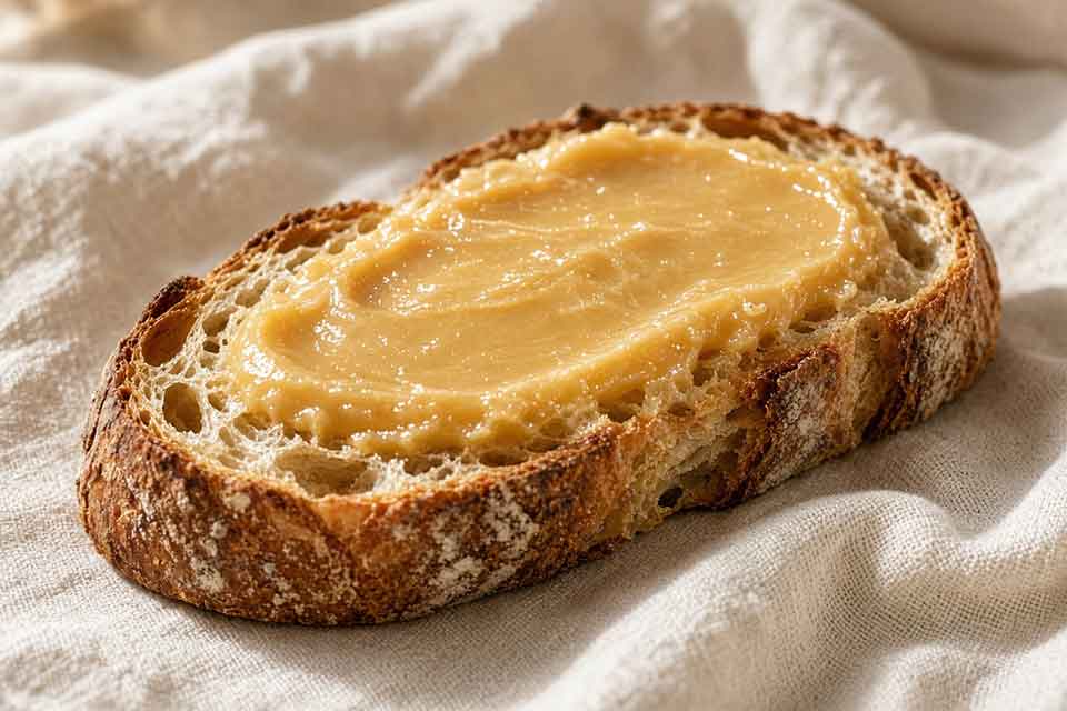 Set honey on rustic bread proving crystallised honey is not spoiled