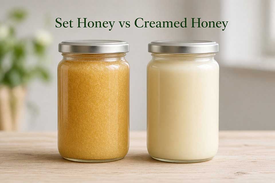 Set honey vs creamed honey – two plain jars of raw local honey side by side, one natural set and one smooth creamed