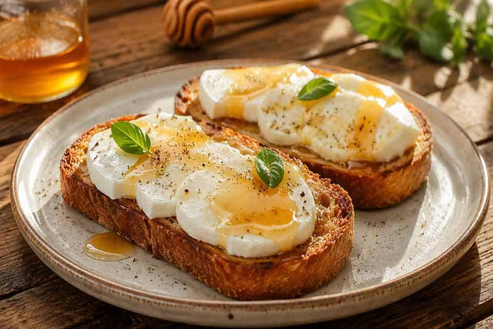 Honey butter toast with mozzarella – thick slices of toast topped with fresh mozzarella, golden local honey drizzle and fresh basil leaves