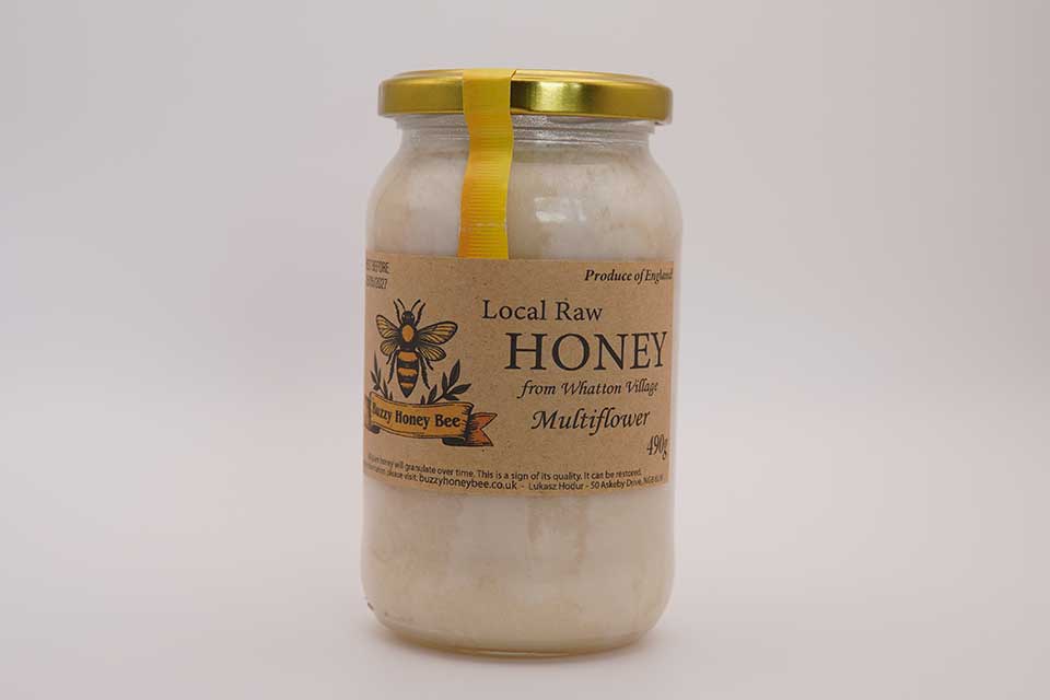 Local Raw Set Honey 490g – Multiflower from Whatton Village by Buzzy Honey Bee, creamy white crystallized honey in glass jar with gold lid