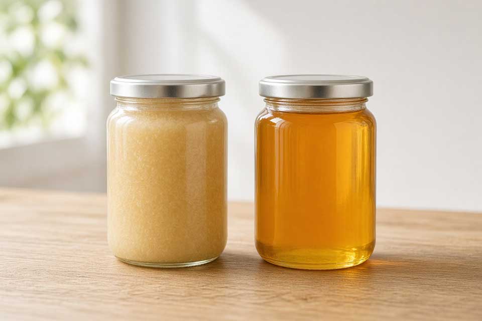 Why honey crystallises – set honey next to runny local honey