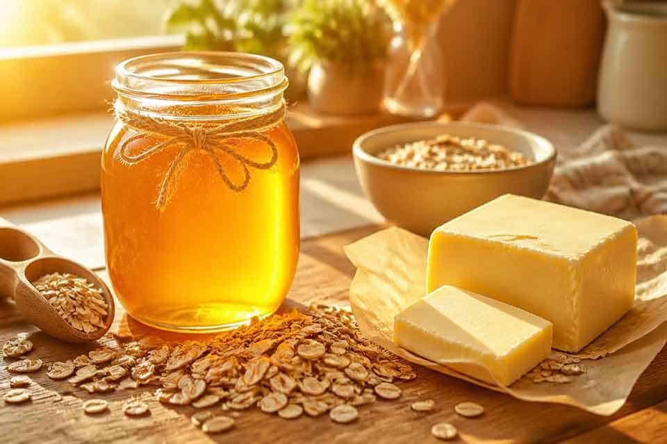 Local raw honey in a glass jar with butter and porridge oats on wooden board – ingredients for no-sugar honey flapjacks