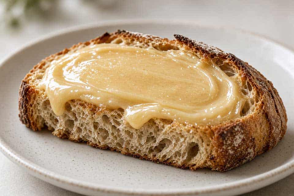 Slice of rustic country bread spread with smooth light golden creamed honey