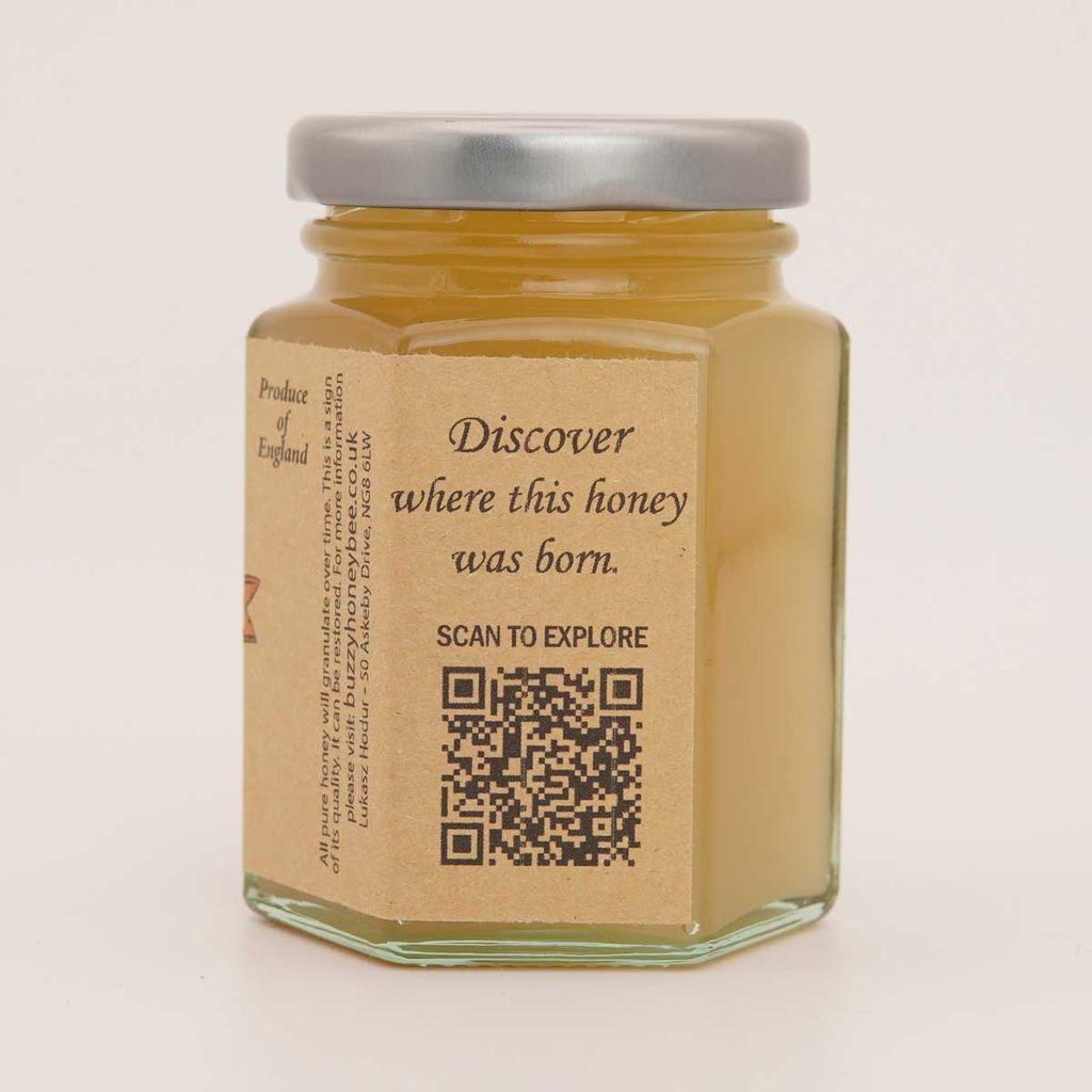 QR code on a local raw honey jar to trace the harvest