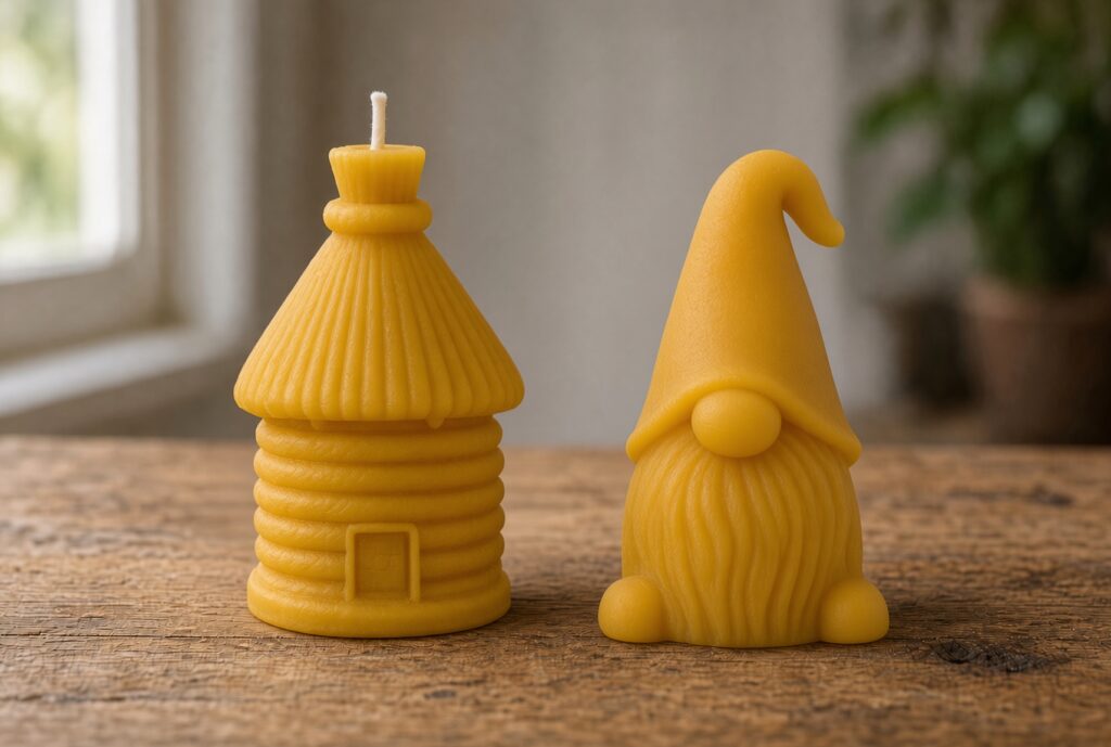 Handmade beehive and gnome beeswax candles from Nottingham