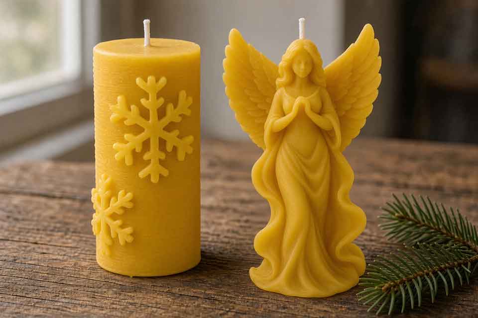 Snowflake pillar and angel beeswax candles handmade in Nottingham