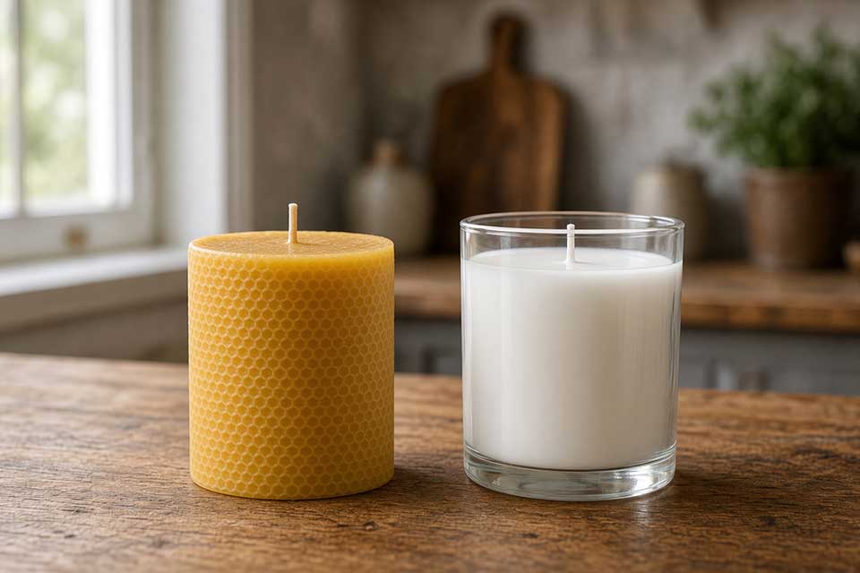 Beeswax candles next to a paraffin candle