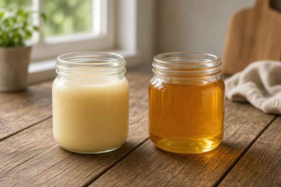 Creamed honey next to runny honey