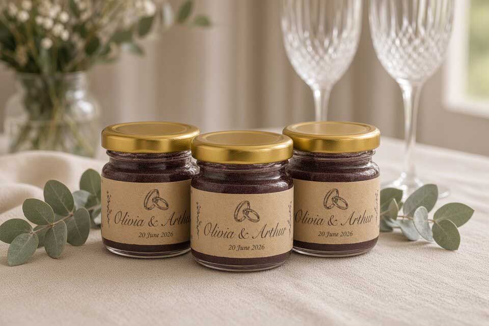 Three fruit honey jars as unique wedding favours on a top table