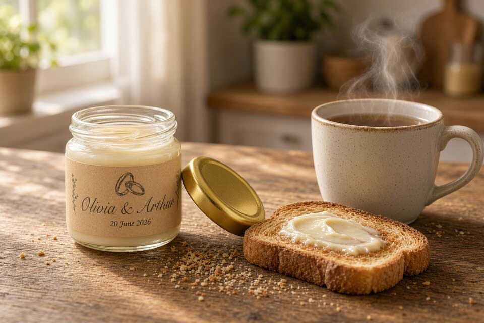 Creamed honey edible wedding favour used on toast the next morning