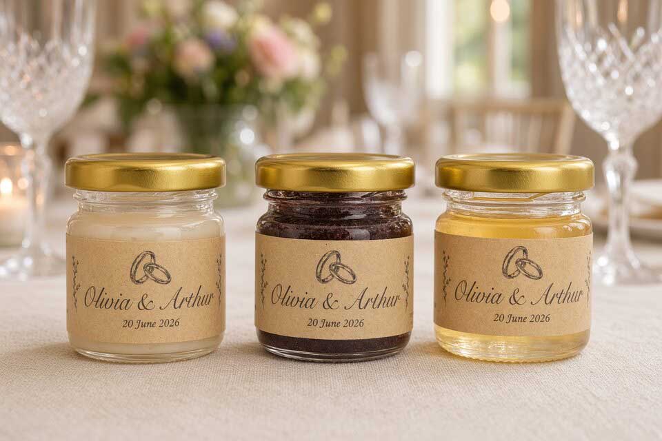 Three honey jars as edible wedding favours on a wedding table