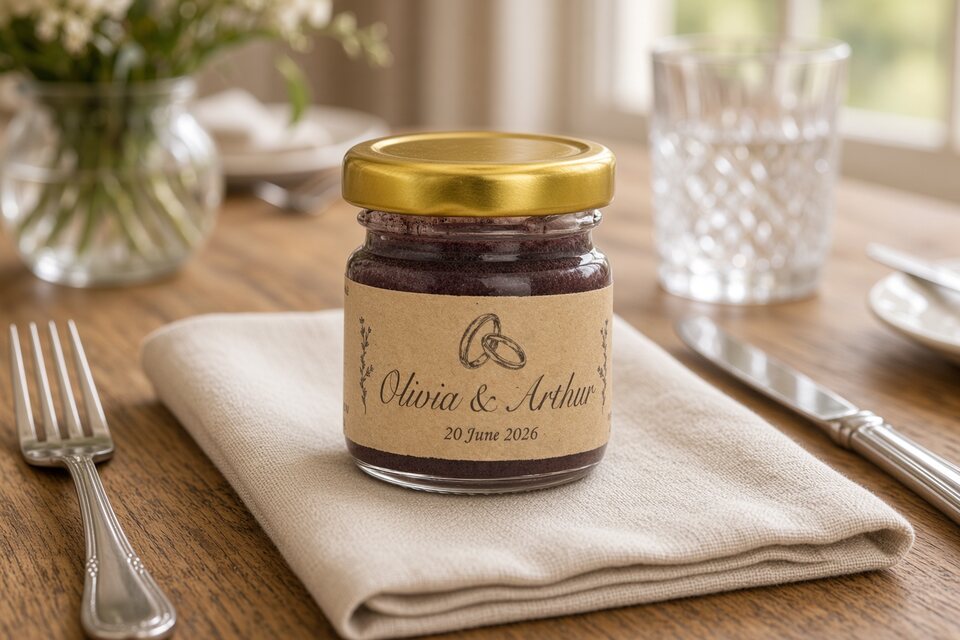 Fruit honey jar as an edible wedding favour on a place setting