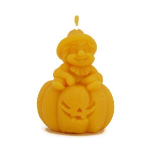 Gnome facing camera on a carved pumpkin, pure beeswax