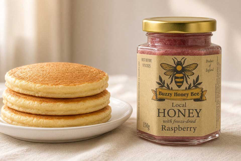 Stack of honey pancakes next to a jar of local honey with raspberry