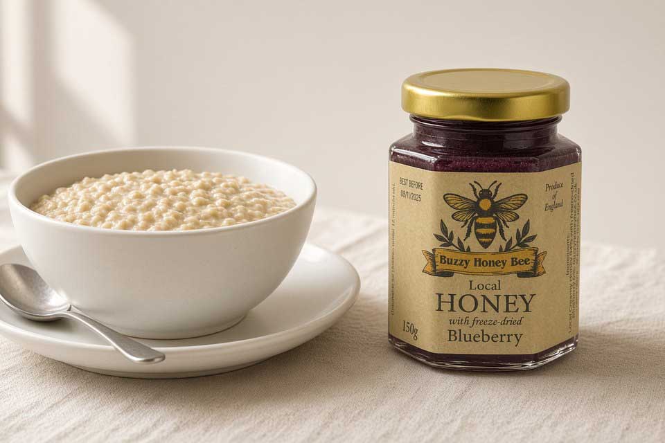 Bowl of porridge next to a jar of local honey with blueberry