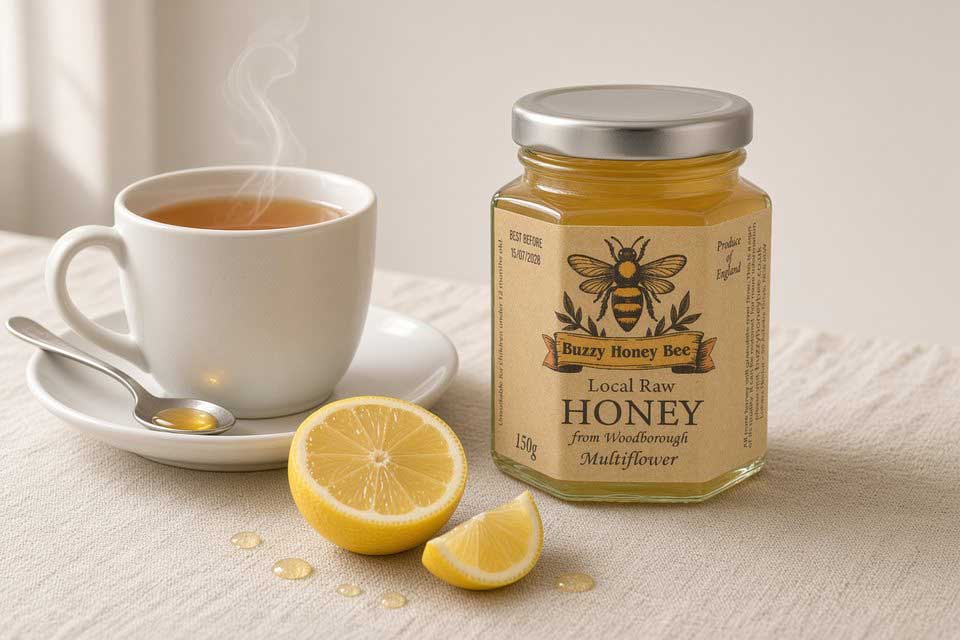 Honey and lemon drink for a cough next to raw local honey