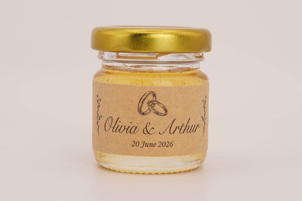 Honey wedding favour label with names and wedding date