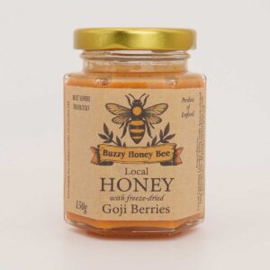 150g hex jar of honey with goji berries, gold lid, on a white background