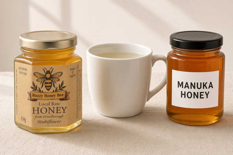 Local raw honey jar and a mug beside an unmarked imported honey pot