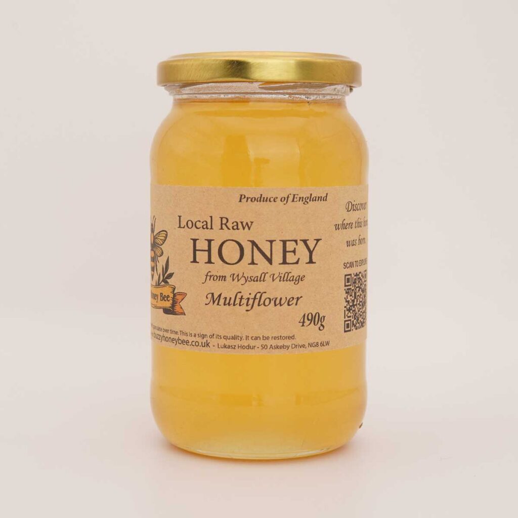 490g jar of local raw multiflower honey from Wysall Village