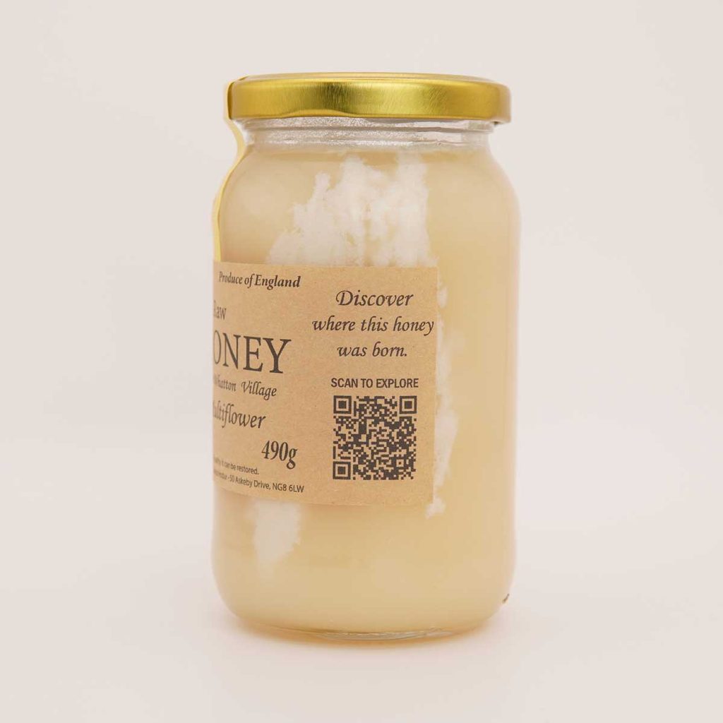 Set local honey jar with QR code showing natural crystallisation