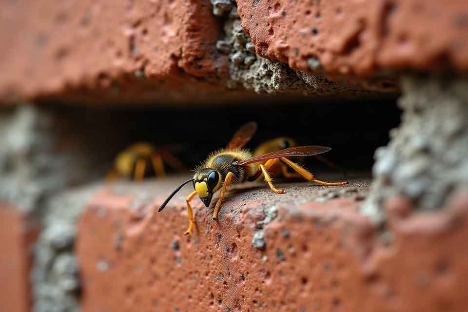Wasp coming out of the wall through a gap in the brickwork
