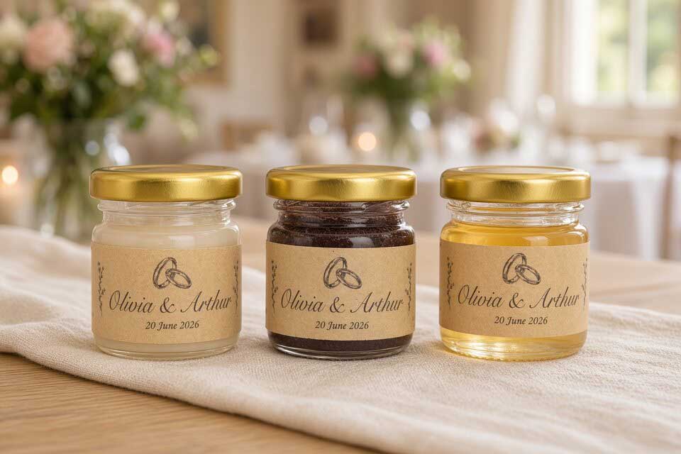 Three personalised honey jars — creamed, fruit and plain — unique wedding favours on a table