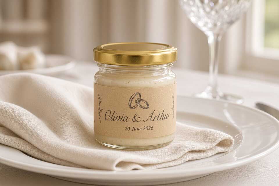 Small creamed honey jar on a place setting — unique wedding favours guests keep