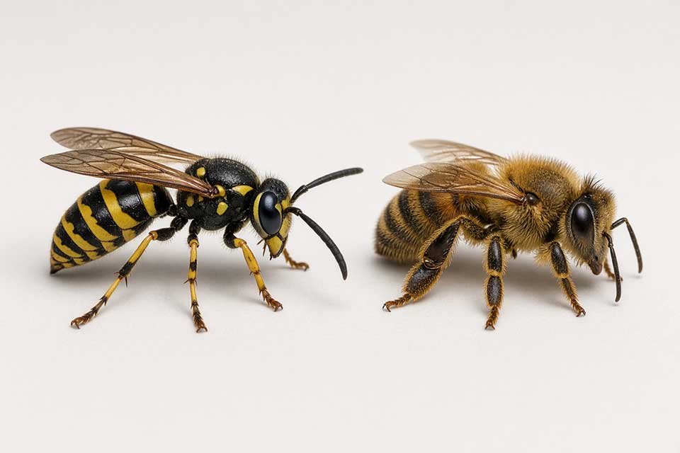 Close comparison of a common wasp and a honey bee showing the wasp’s smooth yellow-and-black body versus the bee’s fuzzy golden-brown coat